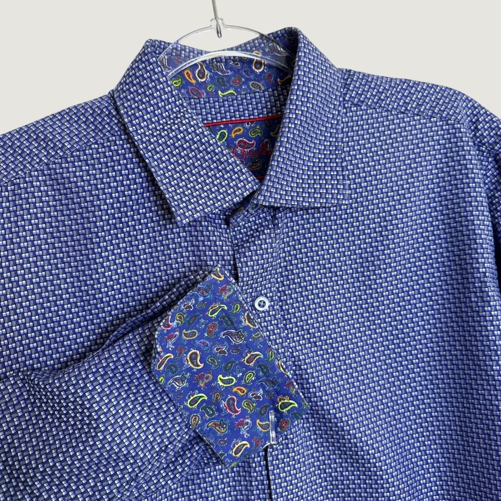 Robert Graham Mens Large Blue Woven Basketweave Paisley Trim Button Down Shirt L